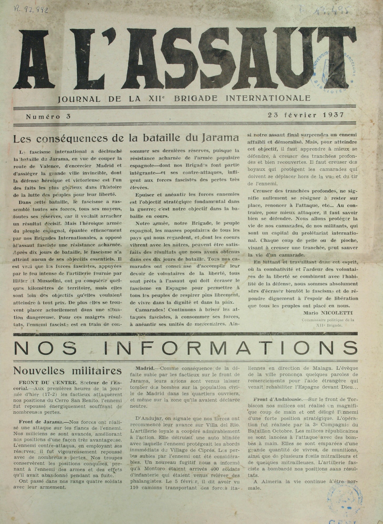 À l'assaut : journal de la XII Brigade internationale