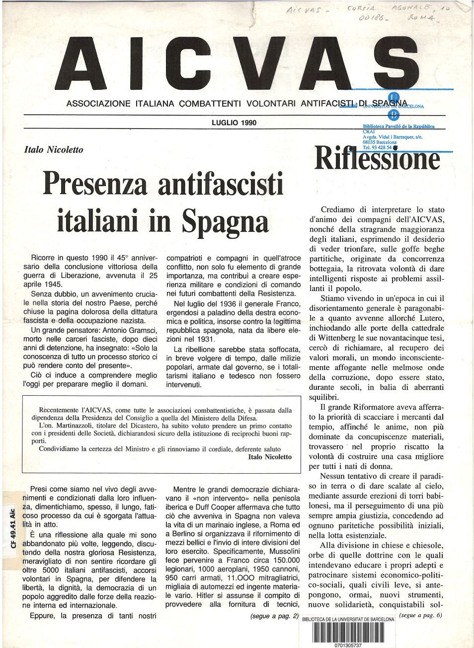 AICVAS : Associazione italiana combattenti volontari antifascisti di Spagna